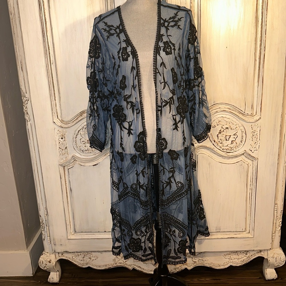 Elegant Black and Blue Embroidered Kimono